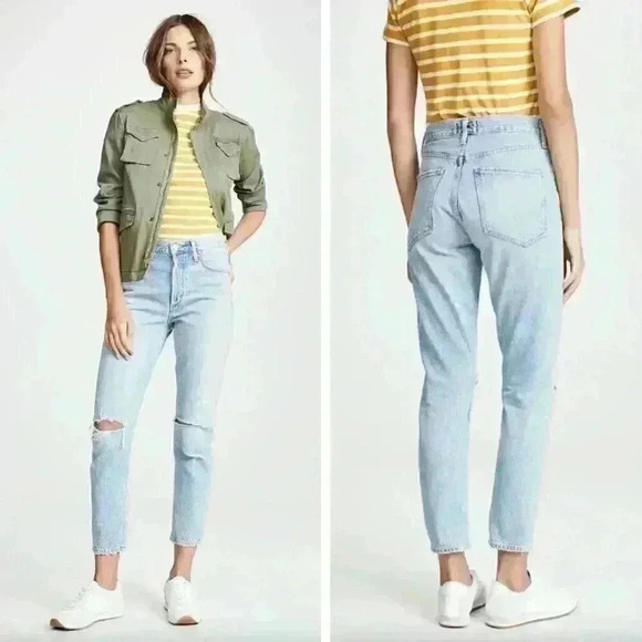 Agolde Jamie High Rise Classic Jeans Shakedown Light Blue Distressed Denim